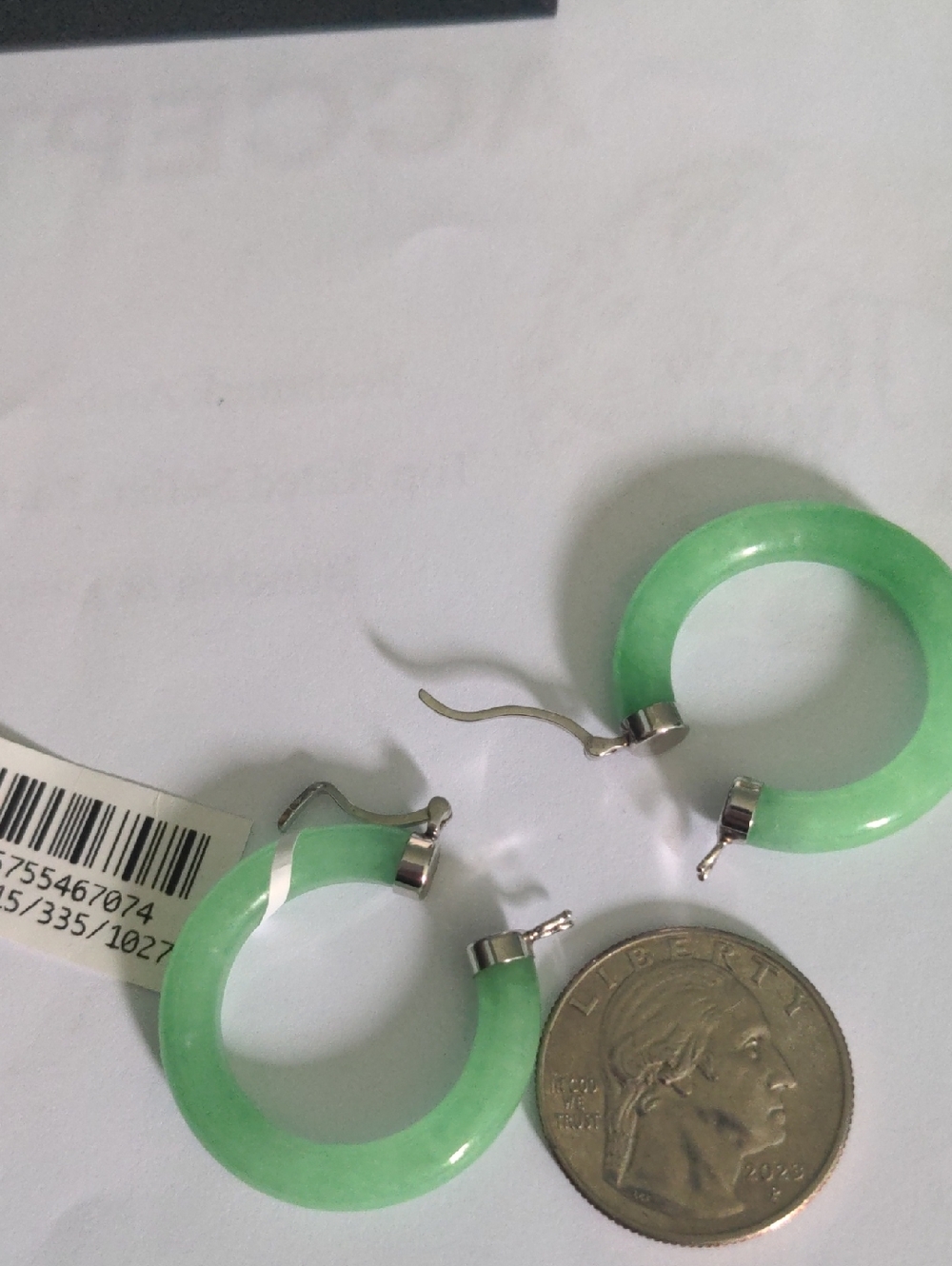 GREEN JADE  Hoop Earrings, SOLID STERLING SILVER, 1 1/4" Diameter - Picture 5 of 6